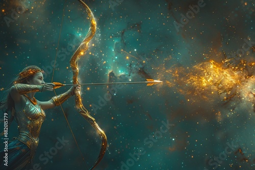 Intricate Sagittarius zodiac constellation set against a backdrop of swirling galaxies and celestial wonders