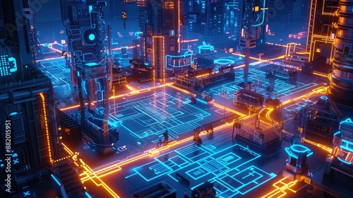 High-tech construction site with glowing blueprints