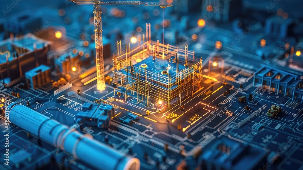 High-tech construction site with glowing blueprints High-tech construction site with glowing blueprints