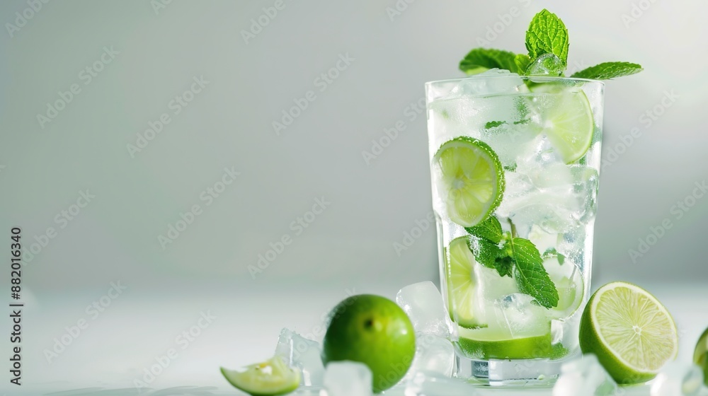 Refreshing Icy Mojito Cocktail with Mint Leaves and Lime Slices on Minimalist Background Refreshing Icy Mojito Cocktail with Mint Leaves and Lime Slices on Minimalist Background