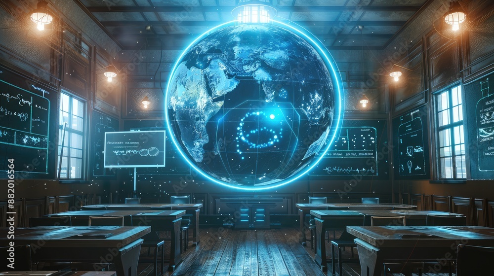 Holographic globe in a futuristic classroom Holographic globe in a futuristic classroom