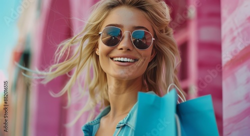 Blonde Woman Walking With Shopping Bags and Sunglasses in a Pink and Yellow U...