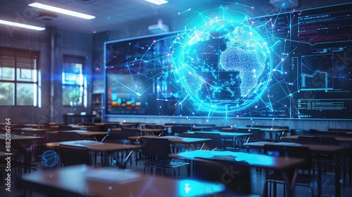 Holographic globe in a futuristic classroom