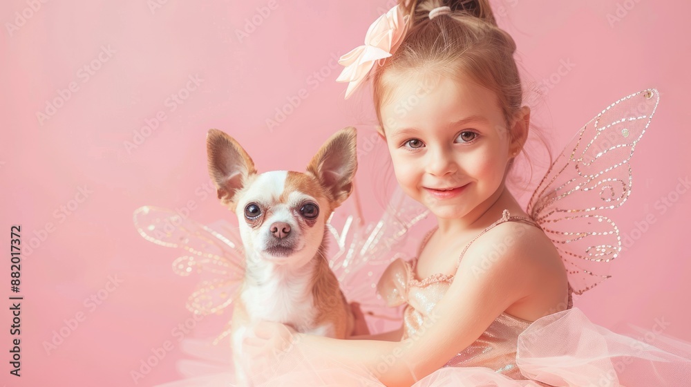 Close-up of a little girl dressed as a ballerina, holding a tutu and twirling, standing with a small dog dressed as a fairy, in front of a light pink background, Portrait close-up, hyper-realistic, Close-up of a little girl dressed as a ballerina, holding a tutu and twirling, standing with a small dog dressed as a fairy, in front of a light pink background, Portrait close-up, hyper-realistic,