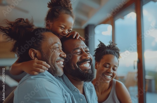 Happy Family Portrait With Father and Two Daughters Inside a Cafe