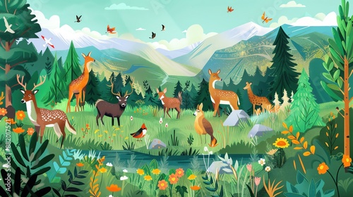 Create an illustration highlighting wildlife conservation, featuring diverse species of animals in their natural habitats