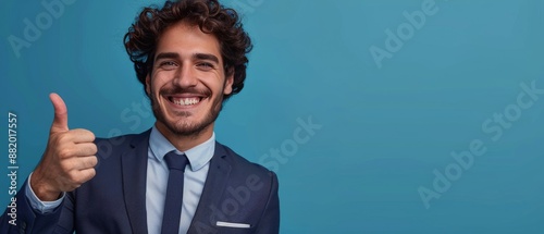 Smiling Businessman Giving Thumbs Up in Front of Blue Background