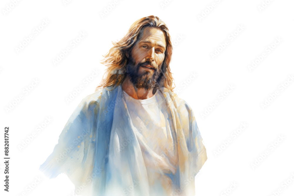 Vibrant watercolor painting of Jesus, depicted in a radiant light with an ethereal glow around His figure, using rich blues and golds. Isolated on white background - Vibrant watercolor painting of Jesus, depicted in a radiant light with an ethereal glow around His figure, using rich blues and golds. Isolated on white background -