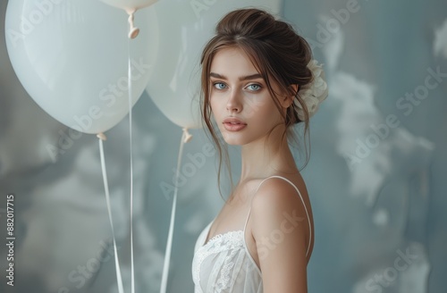 Young Woman Holding Pink and Blue Balloons in Front of a Light Blue Wall