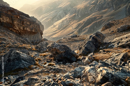 Rocky area with a mountain in the background