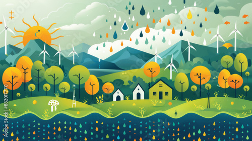 Idyllic landscape showcasing a sustainable future powered by green energy, featuring wind turbines and a lush environment