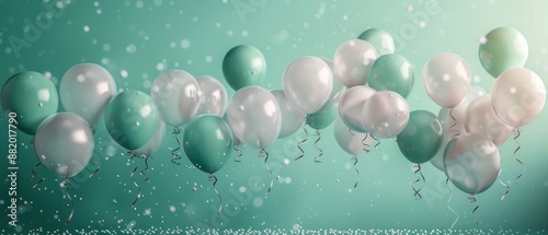 White And Teal Balloons Floating In A Green Room