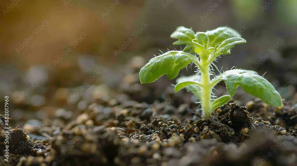 A close-up of a tomato seed sprouting in nutrient-rich soil, with tiny green leaves emerging, showing early stages of growth and potential