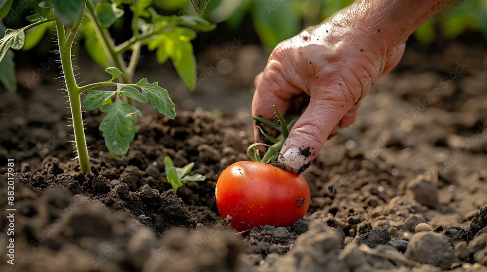 A farmer's hand planting a single tomato seed into dark, fertile soil, capturing the start of a new crop in a garden setting A farmer's hand planting a single tomato seed into dark, fertile soil, capturing the start of a new crop in a garden setting