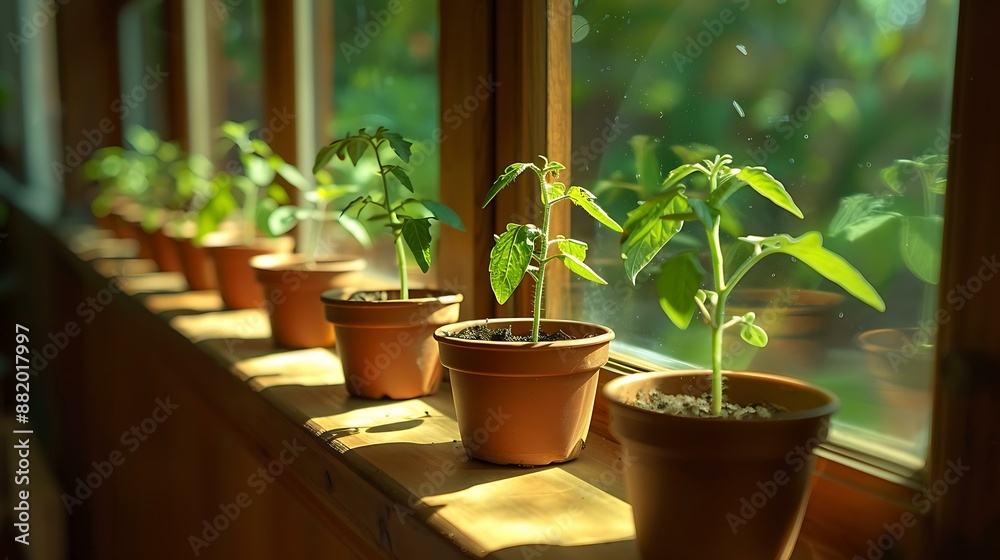 A row of small pots with tomato seeds just beginning to sprout, placed on a windowsill with sunlight streaming in, highlighting indoor gardening A row of small pots with tomato seeds just beginning to sprout, placed on a windowsill with sunlight streaming in, highlighting indoor gardening