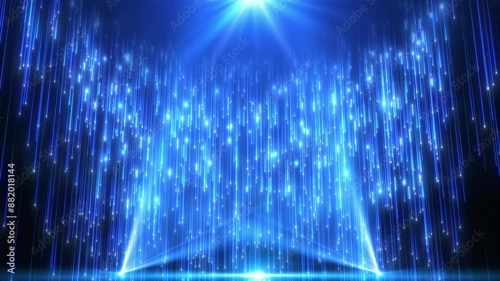 A spotlight illuminates the background of the stage. Animation of shiny dust particles and light rain particles particles. Blue rays. Abstract luxury background for awards and celebrations. loop