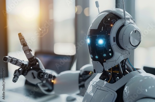 White Robot With Headphones Working on Laptop in Modern Office