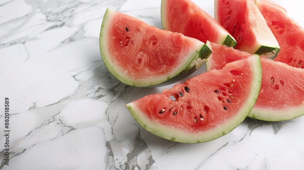 Refreshing Juicy Watermelon Slices on Chilled Marble Surface with Soft Natural Light Glistening Refreshing Juicy Watermelon Slices on Chilled Marble Surface with Soft Natural Light Glistening