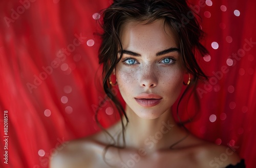 Woman With Dark Hair Posing Against Red Wall With Light Spots