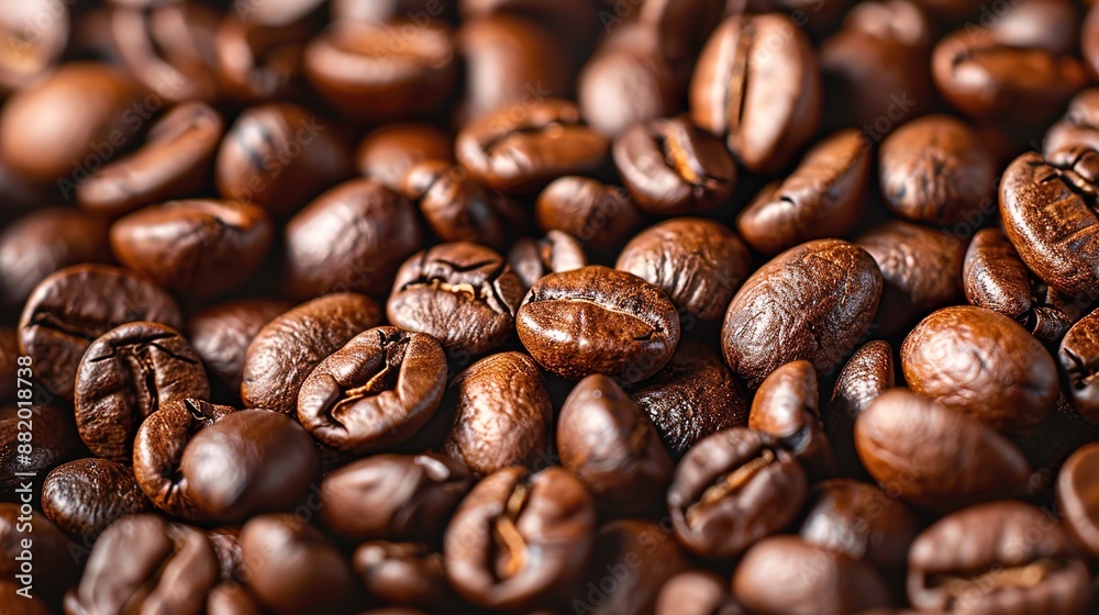 Naklejka premium Aroma Essence: Close-Up of Roasted Coffee Beans with Shallow Depth of Field