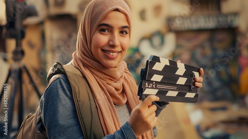Enthusiastic female film director in hijab holding clapperboard on vibrant set, capturing creative and dynamic filmmaking spirit photo