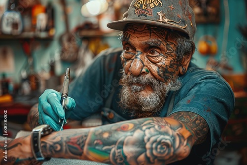 Vintage tattoo artist working in his traditional studio, surrounded by classic tattoo designs