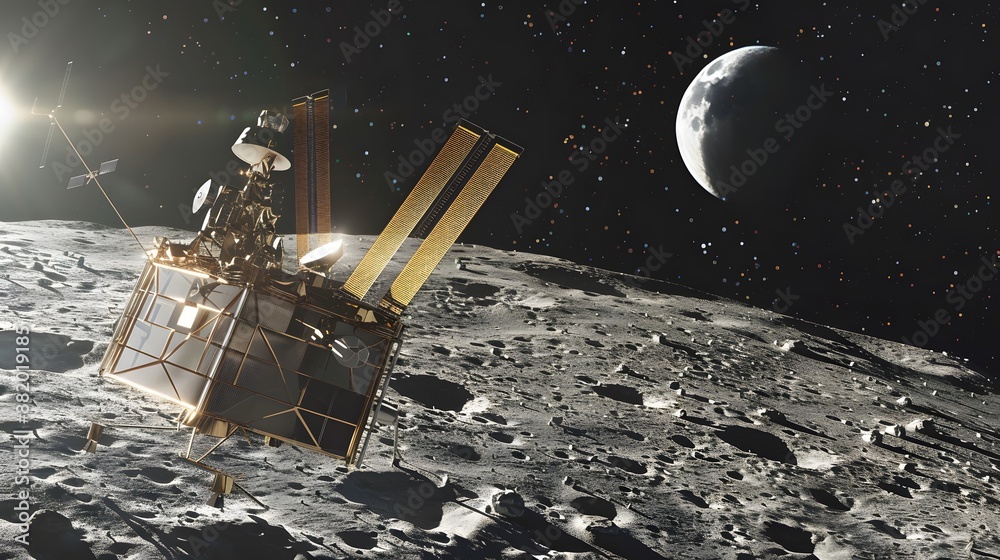 Naklejka premium Digital illustration of a geomodule satellite with three-axis structure orbiting the lunar surface, set against the backdrop of space. 
