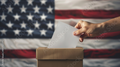 United States election concept. Hand puts vote bulletin into vote box.  photo