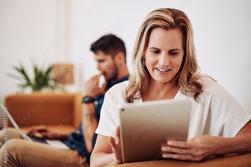 Woman, creative and relax in office with tablet on sofa by company for job, career and work as journalist by news agency. Employee, online and couch in workplace for research, professional and editor Woman, creative and relax in office with tablet on sofa by company for job, career and work as journalist by news agency. Employee, online and couch in workplace for research, professional and editor