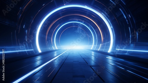 Futuristic Neon Tunnel with Glowing Light Arcs