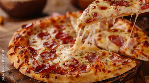 Magazine pizza photo, cheese paperoni, a delicious pizza with stretchy cheese  photo