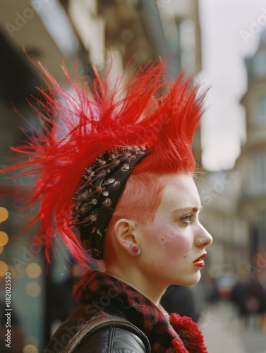 Punk on the street. Portrait of a young punk female with piercings, tattoos and a red mohawk hairstyle. photo