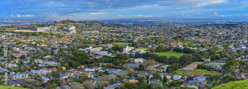 High angle and panoramic view downtown houses and forest seen from Mount Eden at Auckland, New Zealand
 photo