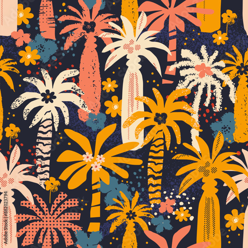 African pattern with palm trees and flowers. Flat seamless pattern. 