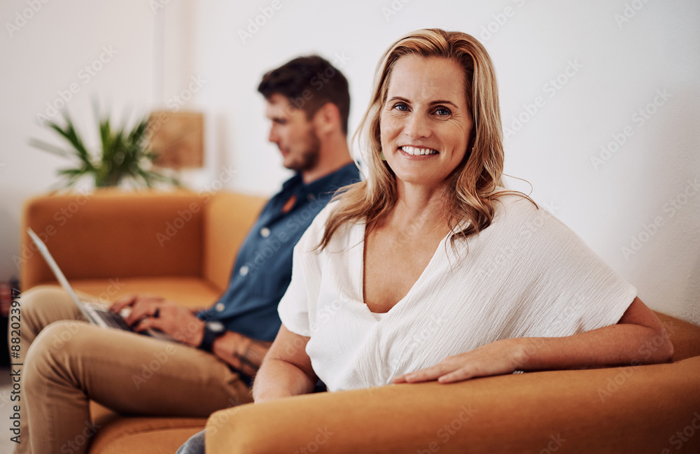 Mature woman, coworking and sofa in office with smile for business profile, career and professional job. Employee, portrait and happy in workplace with couch for startup, creative agency or confident Mature woman, coworking and sofa in office with smile for business profile, career and professional job. Employee, portrait and happy in workplace with couch for startup, creative agency or confident