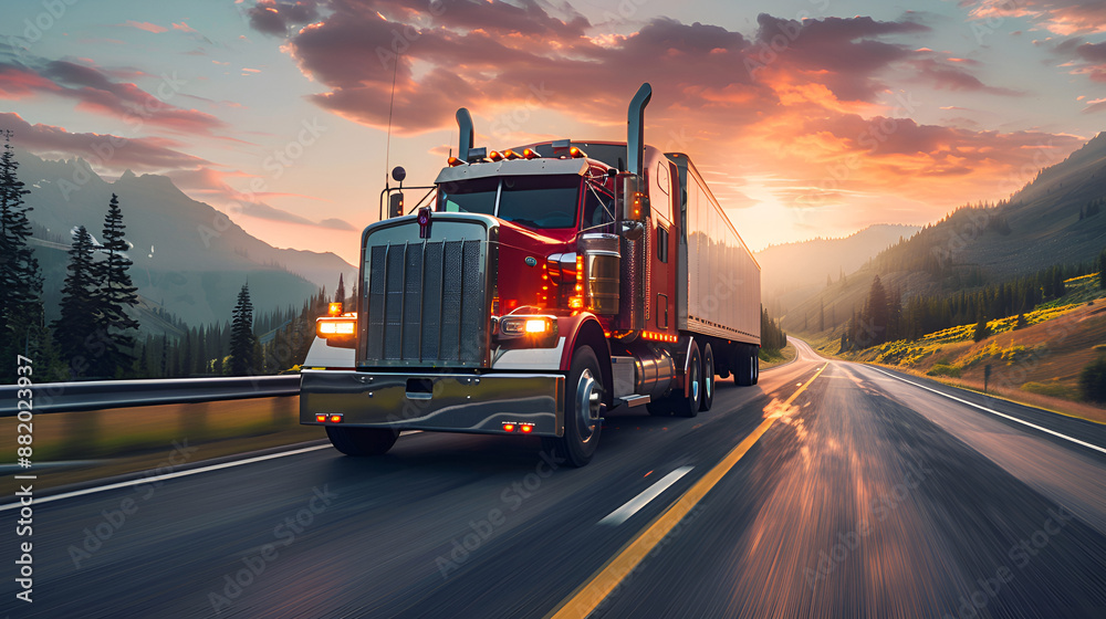 Truck on the highway at sunset. Concept of transportation and logistics Truck on the highway at sunset. Concept of transportation and logistics