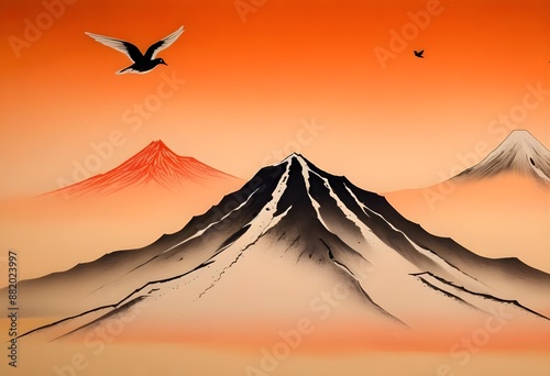 A snow-capped mountain peak rising above a misty, orange-hued landscape with birds flying in the distance, traditional japanese style painting artwork photo