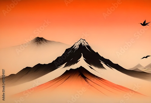 A snow-capped mountain peak rising above a misty, orange-hued landscape with birds flying in the distance, traditional japanese style painting artwork photo