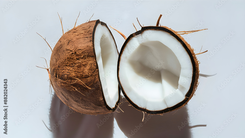Cracked coconut, with brown shell, isolated background. Studio shot. Cracked coconut, with brown shell, isolated background. Studio shot.