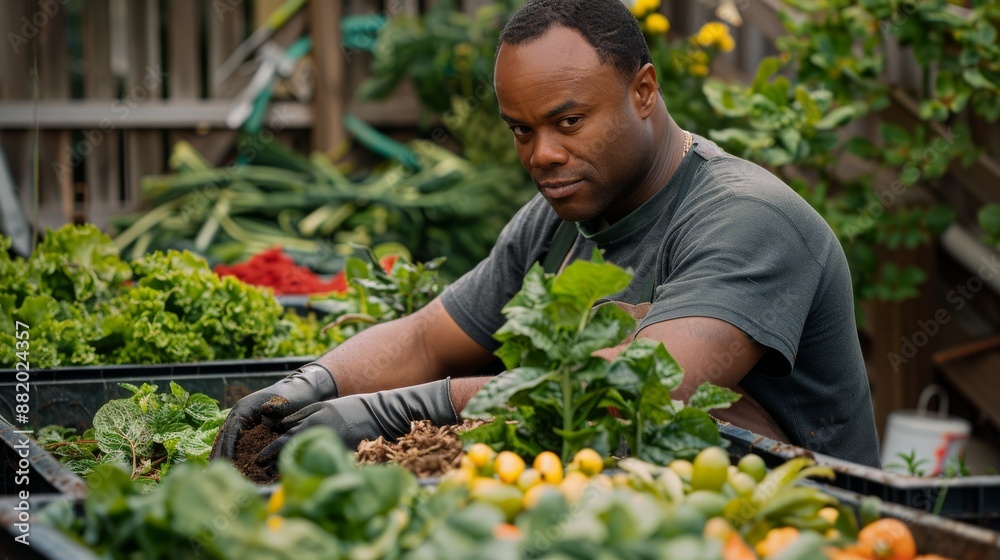 Multiracial Man Gardener Harvesting Organic Squash in Raised Bed Garden. Generative ai Multiracial Man Gardener Harvesting Organic Squash in Raised Bed Garden. Generative ai