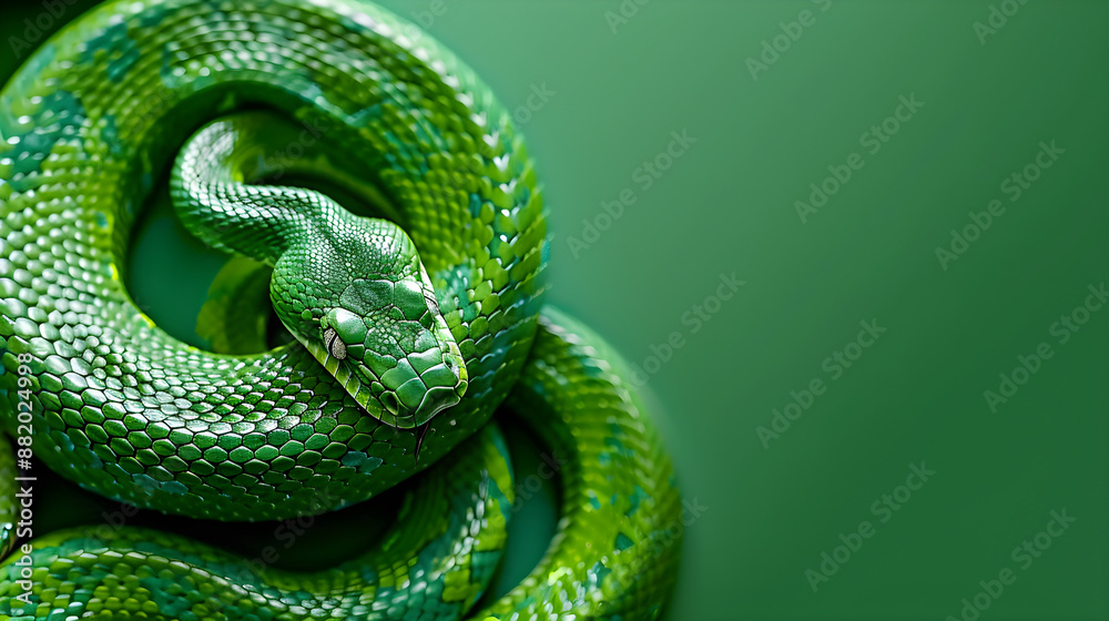 Fototapeta premium Vibrant green snake coiled on emerald background, copy space.
