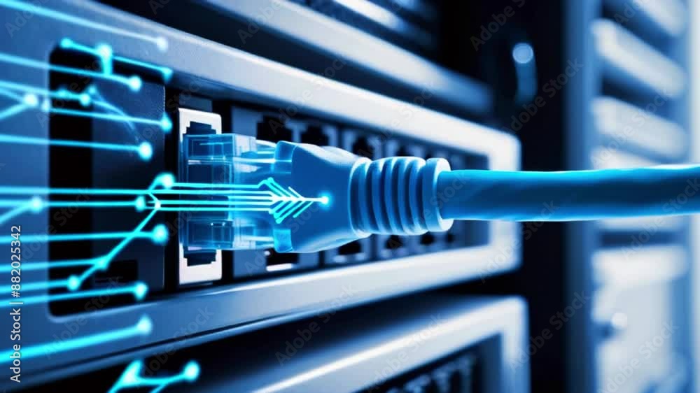A close up of a blue ethernet cable plugged into a black server.