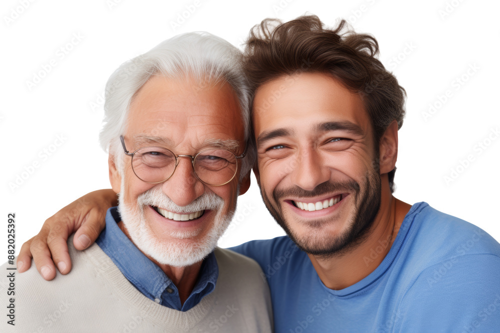 Heartwarming portrait of an elderly male person hugging his son, both with radiant smiles, capturing their enduring bond. Isolated on white background Heartwarming portrait of an elderly male person hugging his son, both with radiant smiles, capturing their enduring bond. Isolated on white background