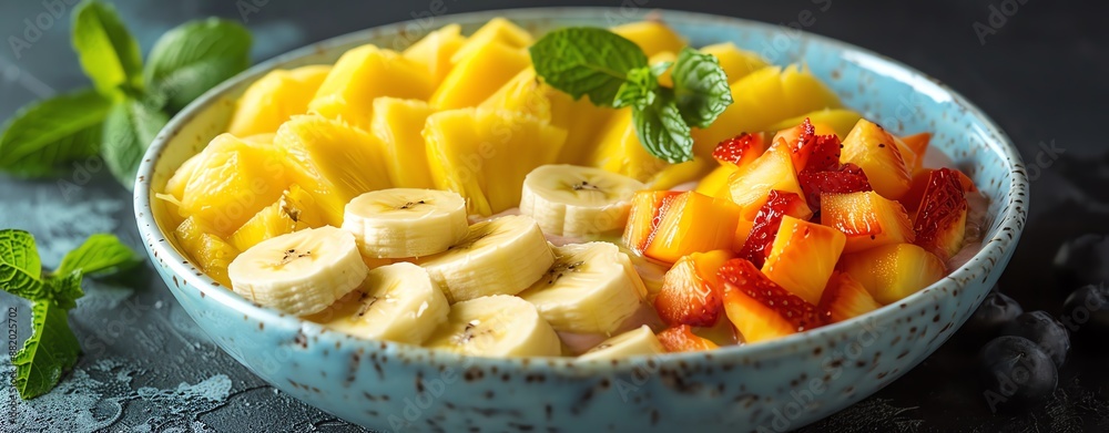 Mixed tropical fruits mango, banana, pineapple in a vibrant smoothie bowl Mixed tropical fruits mango, banana, pineapple in a vibrant smoothie bowl