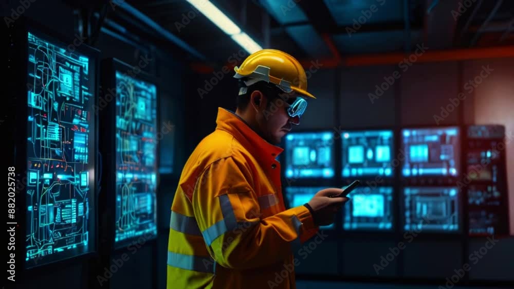 A person wearing a hard hat and safety vest is standing in a room full of computer servers. A person wearing a hard hat and safety vest is standing in a room full of computer servers.