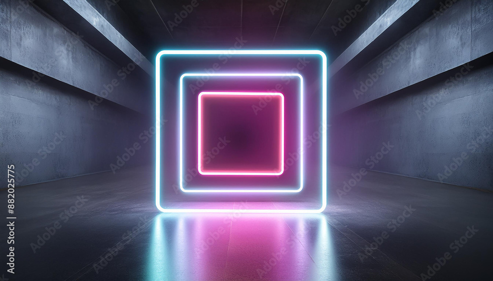 Glowing square neon sign in the middle of empty dark cement room. Trendy style. Glowing square neon sign in the middle of empty dark cement room. Trendy style.