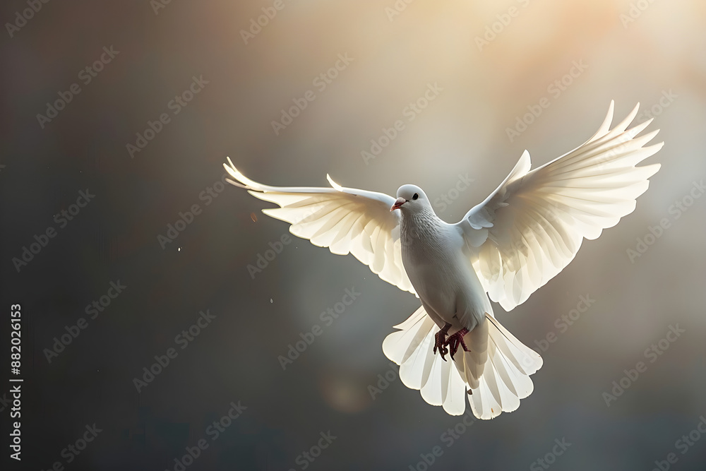 Obraz premium A white dove in flight illuminated by soft backlight. Symbolic of peace, love, and spirituality. Ideal for religious, wedding, Easter, or inspirational designs with copy space.