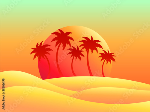 Landscape with palm trees in the desert. Sunset over sand dunes. Gradient desert landscape with sand dunes and palm trees. Design of covers, banners and posters. Vector illustration