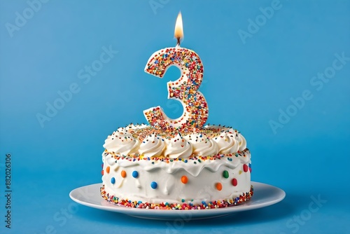 3rd birthday cake with blue frosting, colorful sprinkles, and burning candles, isolated on blue background