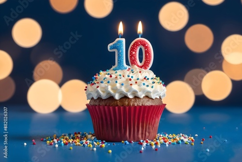 10th birthday cupcakes with whipped cream, sprinkles, candles, and number 10, isolated on blue background with bokeh lights